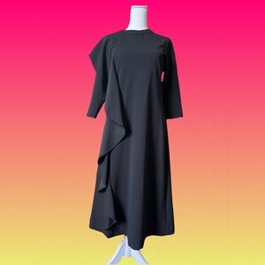 Black Modest 3/4 Sleeve One Shoulder Ruffle Detail Formal Midi Straight Dress S